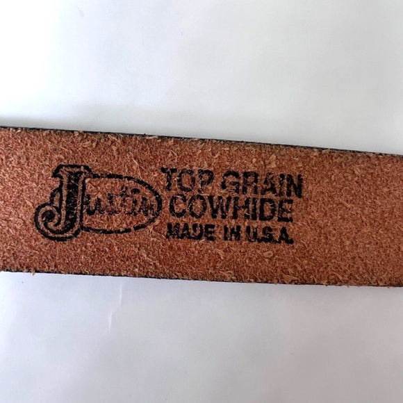 Justin Belt Top Grain Cowhide Cowboy Buckle Size 22 Silver w Gold Made in USA - Picture 10 of 10
